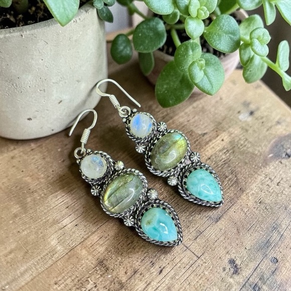Labradorite Larimar and Rainbow Moonstone Gemstone Dangle Earrings